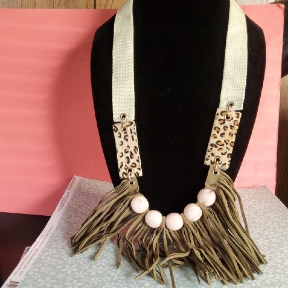Plunder leopard leather fringe necklace